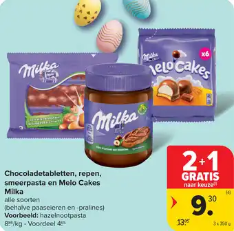 Carrefour Chocoladetabletten repen smeerpasta en melo cakes milka aanbieding