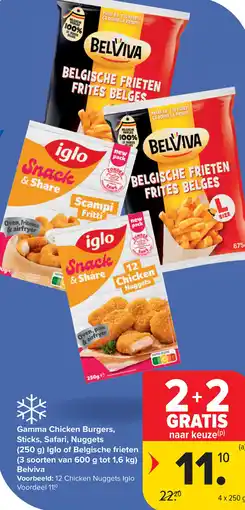 Carrefour Gamma Chicken Burgers, Sticks, Safari, Nuggets Iglo of Belgische frieten Belviva aanbieding