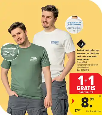 Carrefour Tex T-shirt met print op voor- en achterkant en korte mouwen voor heren aanbieding