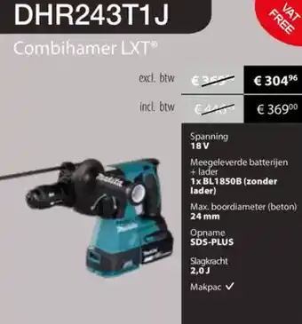 Makita Makita Combihamer LXT DHR243T1J aanbieding