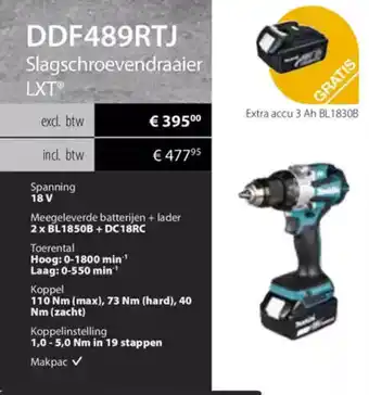 Makita Makita Slagschroevendraaier LXT DDF489RTJ aanbieding