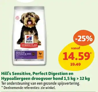 Maxi Zoo Hill's Sensitive, Perfect Digestion en Hypoallergeen droogvoer hond 1,5 kg > 12 kg aanbieding