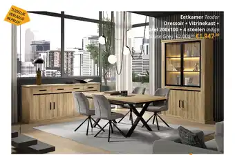 YGO Eetkamer Teodor Dressoir + Vitrinekast + Eettafel 200x100 + 4 stoelen Indigo aanbieding