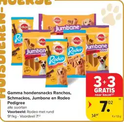 Carrefour Market Gamma hondensnacks ranchos schmackos jumbone en rodeo pedigree aanbieding