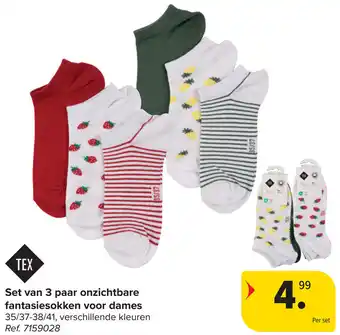 Carrefour Set van 3 paar onzichtbare fantasiesokken voor dames aanbieding