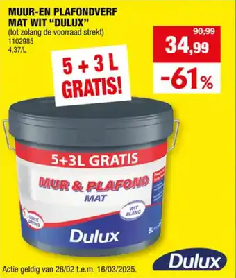 Hubo Muur en Plafondverf Mat Wit Dulux aanbieding