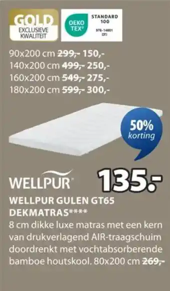 Jysk Wellpur gulen GT65 dekmatras aanbieding