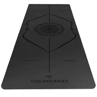 Decathlon Zwarte yogamat in PU en rubber met MANDALA + LICHAAMSLIJNEN aanbieding