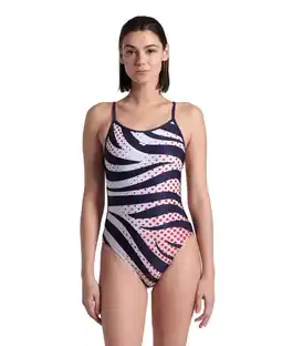 Decathlon Arena W Multi Stripes Swimsuit Lace Back Navy-White-Red aanbieding