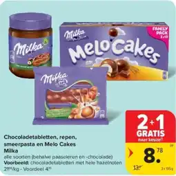 Carrefour Milka chocoladetabletten repen smeerpasta en melo cakes aanbieding