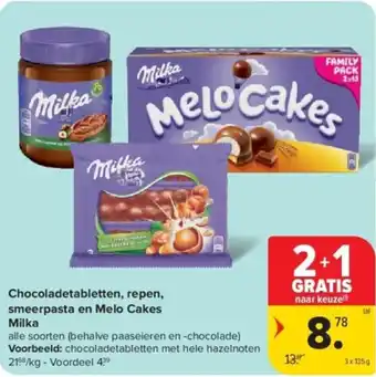 Carrefour Milka chocoladetabletten repen smeerpasta en melo cakes aanbieding