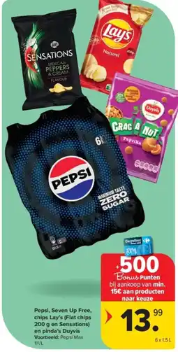 Carrefour Pepsi seven up free chips lay’s (flat chips 200 g en sensations) en pinda’s duyvis aanbieding