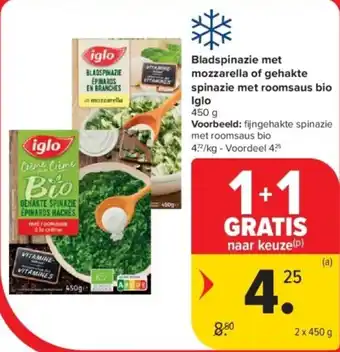 Carrefour Bladspinazie met mozzarella of gehakte spinazie met roomsaus bio iglo aanbieding