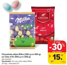 Carrefour Chocolade-eitjes Milka (350 g en 450 g) en Côte d’Or (100 g en 350 g) aanbieding