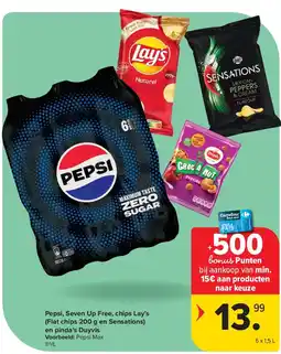 Carrefour Pepsi, Seven Up Free, chips Lay’s (Flat chips 200 g en Sensations) en pinda’s Duyvis aanbieding