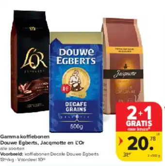 Carrefour Market Gamma koffiebonen Douwe Egberts, Jacqmotte en L'Or aanbieding