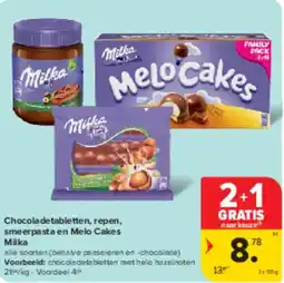 Carrefour Market Chocolade tabletten, repen, smeerpasta en Melo Cakes Milka aanbieding