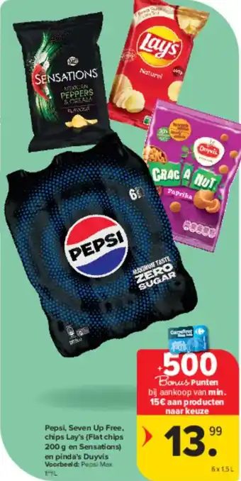 Carrefour Market Pepsi, Seven Up Free, chips Lay's Flat chips en Sensations en pinda's Duyvis aanbieding