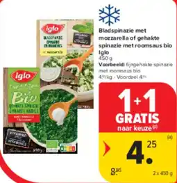 Carrefour Market Bladspinazie met mozzarella of gehakte spinazie met roomsaus bio Iglo aanbieding