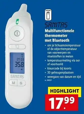 Lidl Sanitas multifunctionele thermometer met bluetooth aanbieding