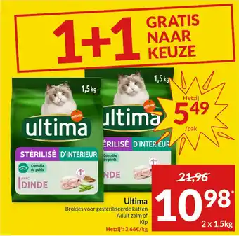 Intermarché Ultima brokjes voor gesteriliseerde katten adult zalm of kip aanbieding