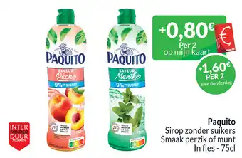 Intermarché Paquito Sirop zonder suikers Smaak perzik of munt In fles aanbieding