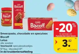 Carrefour Smeerpasta, chocolade en speculoos Bisco Lotus aanbieding