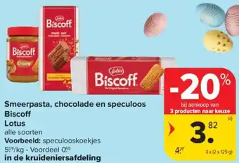 Carrefour Market Smeerpasta, chocolade en speculoos Biscoff Lotus aanbieding