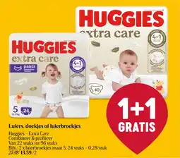 Delhaize Care doekjes of luierbroekjes huggies  extra care aanbieding