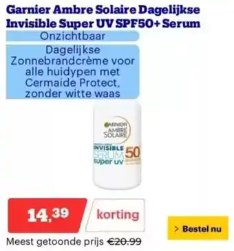 Bol.com Garnier Ambre Solaire Dagelijkse Invisible Super UV SPF50 + Serum aanbieding