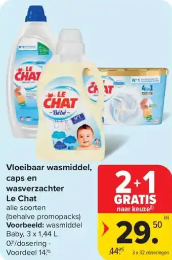 Carrefour Market Vloeibaar wasmiddel caps en wasverzachter le chat aanbieding