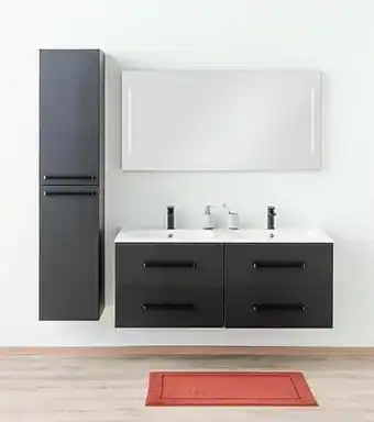 Zelfbouwmarkt Badkamermeubel Plato Zwart Houtnerf 140cm - Dubbel - Glanzend - Greep Mat Zwart aanbieding
