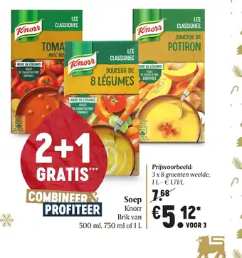 Delhaize Soep Knorr Brik van 500ml, 750ml, 1L Voor 3 aanbieding