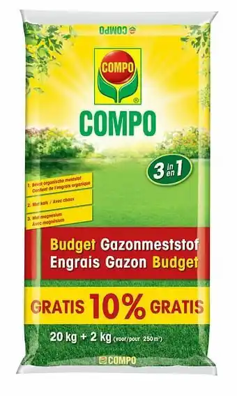 Brico Compo gazonmeststof Budget (250 m²) 22kg aanbieding