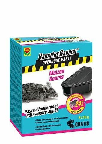 Brico Compo muizen pasta + voederdoos Barrière Radikal Overdose 80g 24u aanbieding