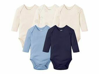 Lidl LUPILU® Set van 5 biokatoenen body’s met lange mouwen (86/92, beige/blauw) aanbieding