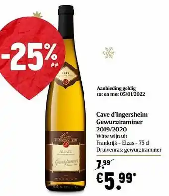 Delhaize Cave d’ingersheim gewurztraminer 2019-2020 witte wijn uit frankrijk - elzas aanbieding