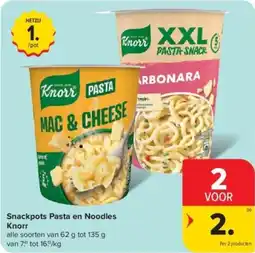 Carrefour Snackpots Pasta en Noodles Knorr aanbieding