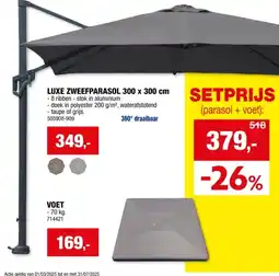 Hubo Garden Plus luxe zweefparasol 3x3 m met hendel taupe aanbieding