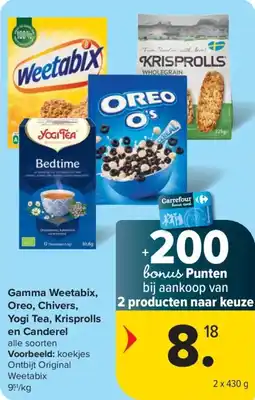 Carrefour Gamma Weetabix, Oreo, Chivers, Yogi Tea, Krisprolls en Canderel aanbieding