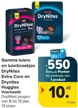 Carrefour Gamma luiers en luierbroekjes DryNites Extra Care en Drynites aanbieding