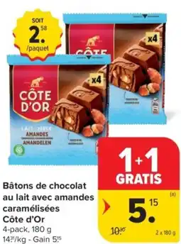 Carrefour Market Bâtons de chocolat au lait avec amandes caramélisées Côte d'Or aanbieding