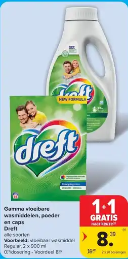 Carrefour Gamma vloeibare wasmiddelen, poeder en caps Dreft aanbieding