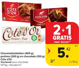 Carrefour Chocoladetabletten (400 g), pralines (200 g) en chocolade (150 g) Côte d’Or aanbieding