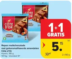 Carrefour Repen melkchocolade met gekaramelliseerde amandelen Côte d’Or aanbieding