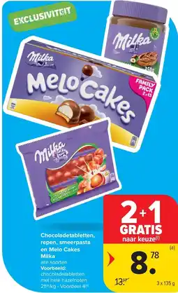Carrefour Chocoladetabletten, repen, smeerpasta en Melo Cakes Milka aanbieding