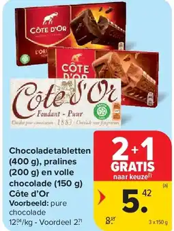 Carrefour Chocoladetabletten (400 g), pralines (200 g) en volle chocolade (150 g) Côte d’Or aanbieding