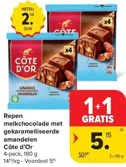 Carrefour Repen melkchocolade met gekaramelliseerde amandelen Côte d’Or aanbieding