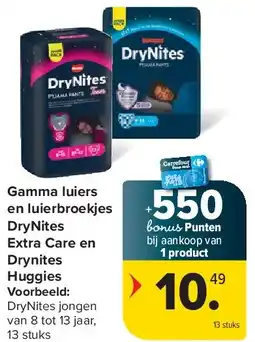 Carrefour Gamma luiers en luierbroekjes DryNites Extra Care en Drynites Huggies aanbieding