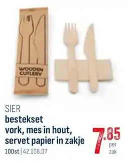 Horeca totaal Sier bestekset vork, mes in hout, servet papier in zakje aanbieding